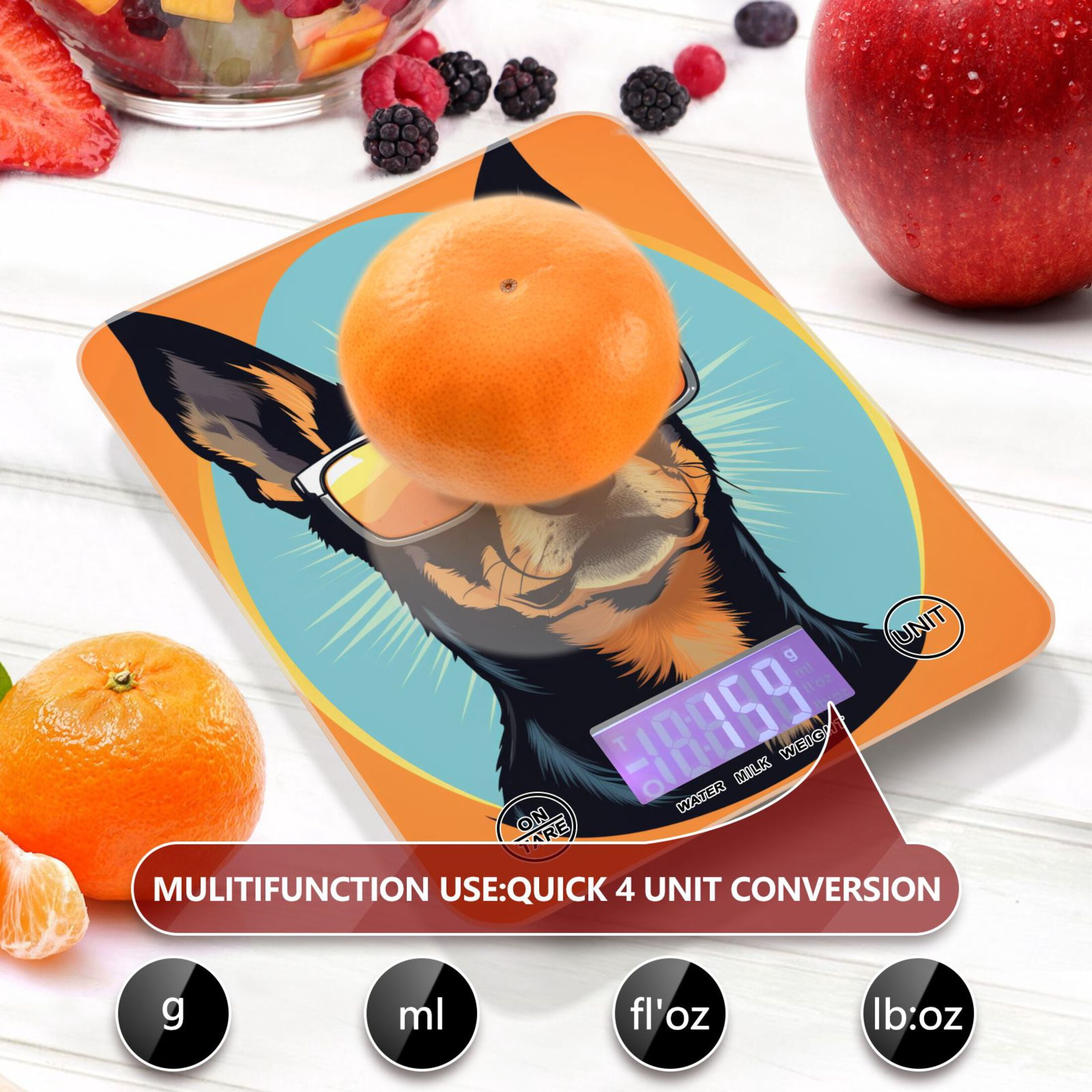 Dog Sunglasses Circle Food Scale Digital Kitchen Scale Waterproof Tempered Glass Tare Function 11 lb for Baking Cooking Meal Prep