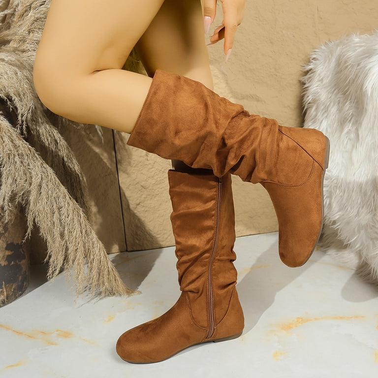 ladies dress boots wide calf Sacfof Women's Knee High Flat Low Heel Slouch Round Toe Boots Side Zipper Tall Boot Comfortable Plus Size Tall Shoes Non Slip womens workwear