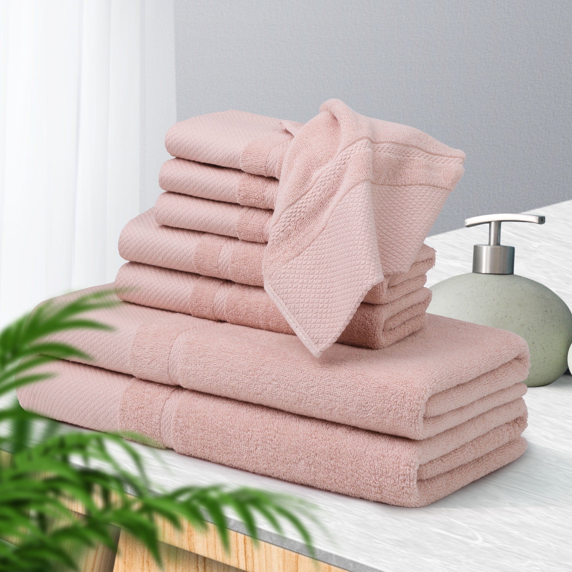 Unique Bargains 100% Combed Cotton 8 Piece Towel Set Soft 600 GSM Luxury Absorbent Misty Rose