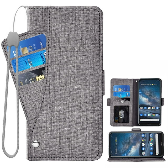 Leather Book Wallet Case Cover for Nokia 8.3, Real Leather Design with Card Slot, Magnetic Closure and Built in Stand - Gray