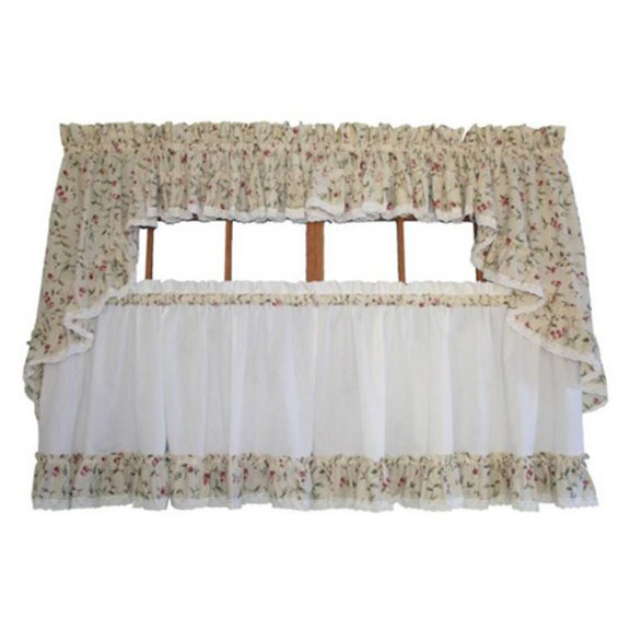 Ellis Curtain Cherries Ruffled 1.5" Rod Pocket Window Valance 52" x 12" Natural