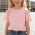 thumbnail image 2 of SGMVNU Girls Summer Top Shirt Ruffle Trim Short Sleeve Blouse Solid Color Casual Loose Fit Soft Cotton Tees Daily Wear Shirt, Size 13-14 Years, th1-Pink, 2 of 8
