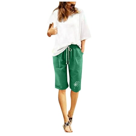 WNVMWI Womens Shorts Boxer Shorts for Women Linen Shorts Cotton Linen Knee Length Beach Shorts High Waisted Printed Drawstring Pants Plus Size Workout Pockets Pants Summer Casual Shorts Green Sho 2XL