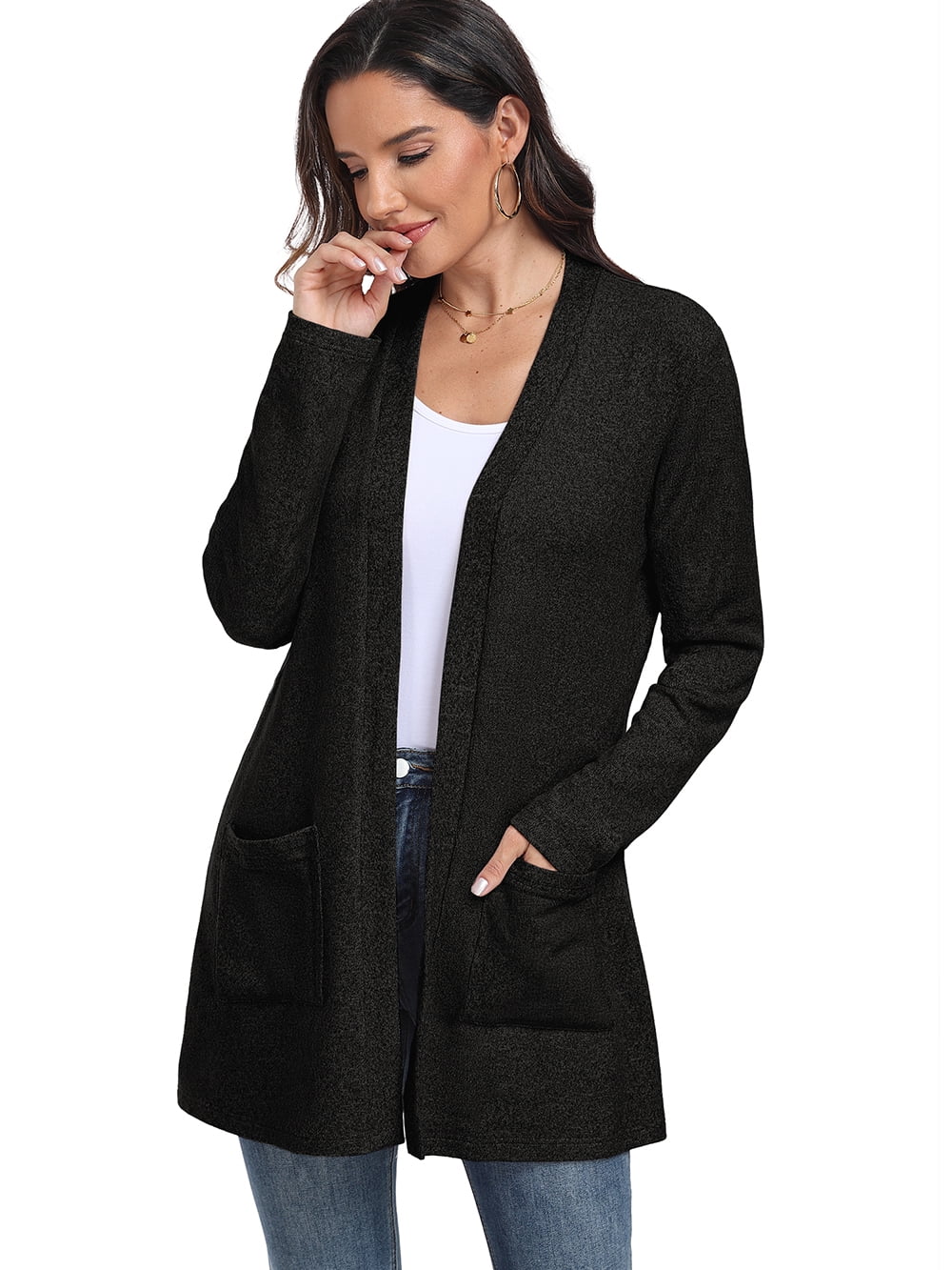 JWD Women's Cardigan Open Front Lightweight Cardigan Long Sleeve Cardigans with Pockets Black L