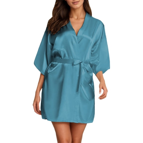 GPOECD Womens Robe Short Sleeve Satin Solid Color Belted Kimono Style Plus Size Pajamas for Women Sky Blue,XXXL