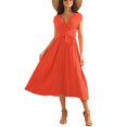 thumbnail image 2 of INSPIRE CHIC Women's Dress Cap Sleeves Wrap V Neck Flowy Ruffle Pleated Casual with Belt Midi Dresses M Orange Red, 2 of 6