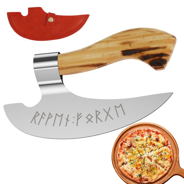 Cortador de pizza Hacha de corte de pizza de acero inoxidable con cubierta protectora Hacha de pizza duradera con mango de madera Hacha cortadora de pizza a prueba de óxido Rebanadora de pizza multifu