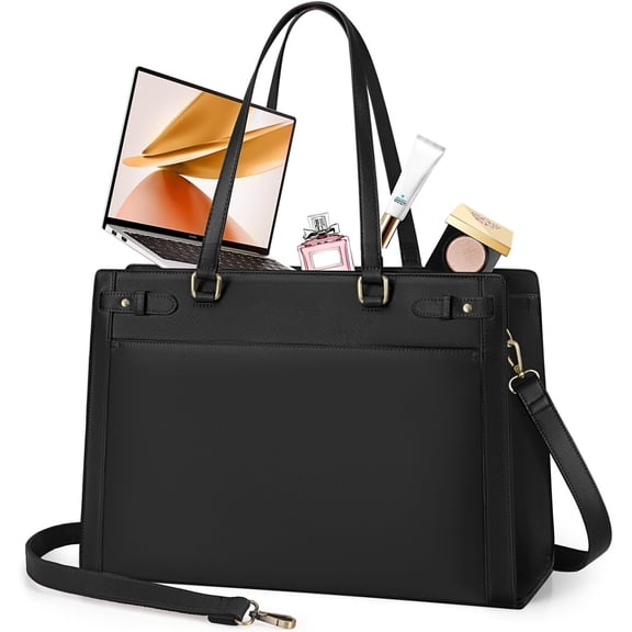Laptop Bag for Women 15.6 Inch PU Vegan Leather Work Tote Bag Womens Briefcase Designer Computer Bags for Office Teacher College Travel Large Tote Purse Professional Black
