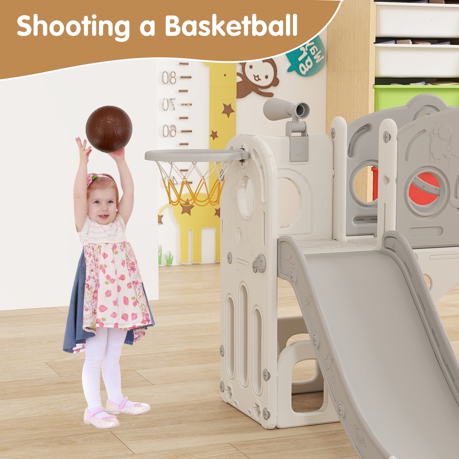 Kinsuite 8-in-1 Toddler Slide Set - Stair Slide for Toddlers 1-3 with Basketball Hoop, Ball, Storage Space & Telescope, Astronaut-Themed Indoor & Outdoor Playground Playset (Grey)
