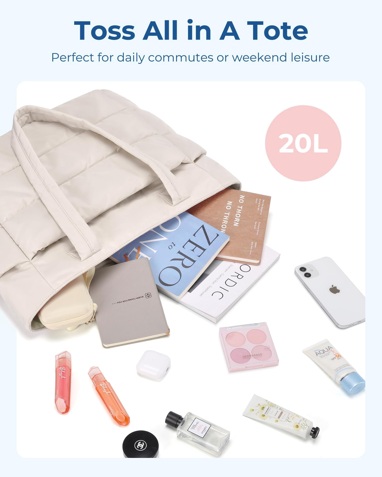 Puffer Tote Bag for Women, Nurses - Multi-Pocket Lightweight Bag for Work - Quilted Handbag for Travel and Gym