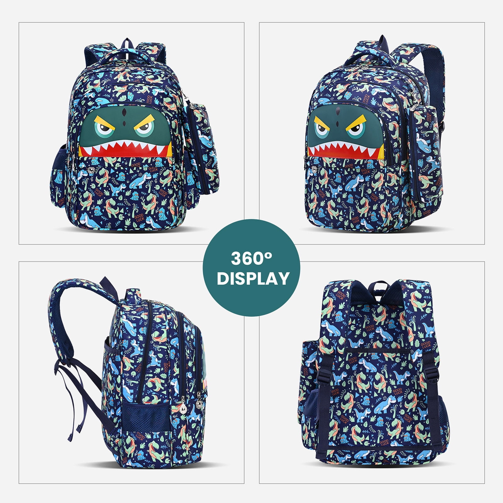 Burufy Kids School Backpack Set for Boys, 3-in-1 School Bag with Lunch Bag & Pencil Case for Primary Middle Students- Green