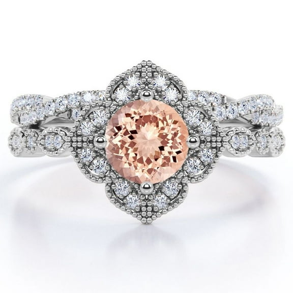 JeenMata Art-Deco Milgrain Floral Cluster 1.5 Carat Round Shape Peach Pink created morganite and Moissanite Crossover Pave Bridal Ring Set in 18K White Gold Plating over Silver