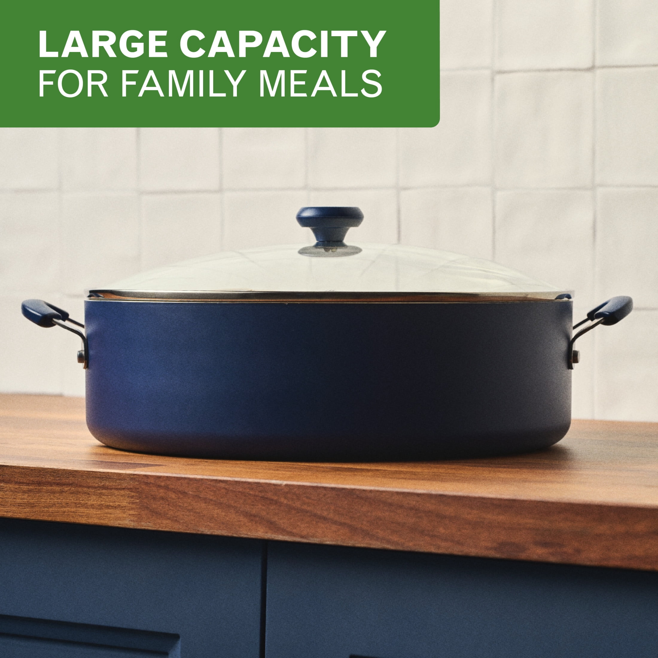 Farberware Easy Clean 14 Inch Ceramic Nonstick Large Family Pan / Saute Pan with Glass Lid, 10.5 Quart Capacity, Dishwasher Safe, Blue