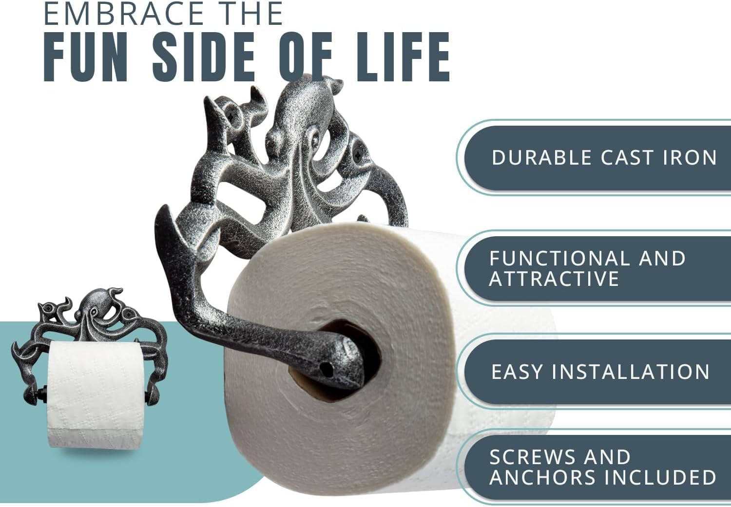Comfify Cast Iron Octopus Toilet Paper Holder, Wall Mounted Nautical Bathroom Accessory with Screws, Silver/Black