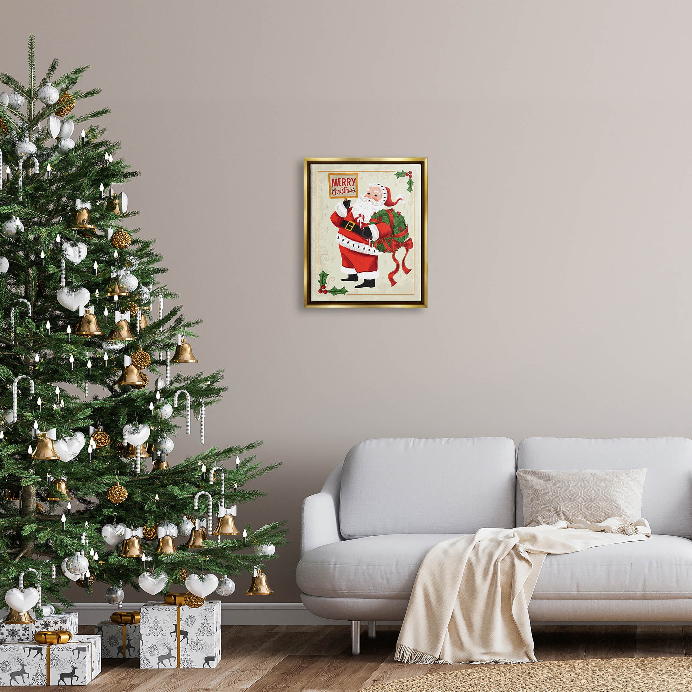 Stupell Industries Vintage Merry Christmas Santa Graphic Art Metallic Gold Floating Framed Canvas Print Wall Art, Design by Arrolynn Weiderhold