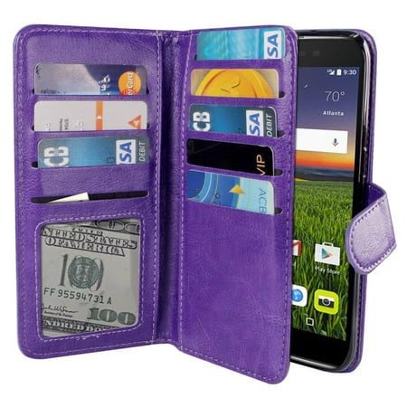 HJ Wireless Alcatel Idol 4 Case, Leather Dual Wallet Folio TPU Cover, 2 Large Pockets Double flap, Multi Card Slots Snap Button Strap For Alcatel Idol 4 Blackberry DTEK50 Nitro 4 5.2 inch - Purple