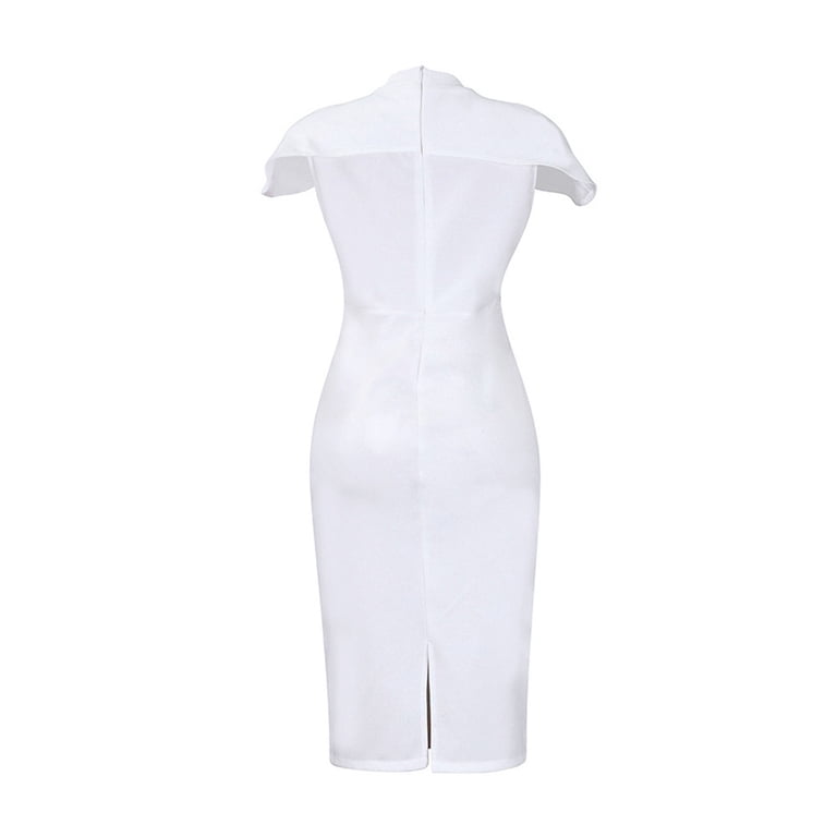 white church dress Elegant Cocktail for Weddings and Modest Outfits AOMEI DRESS This scuba shift dress features sparkly trimmed sleeves and a stunning rhinestone brooch Pencil Dress Formal White Dresses