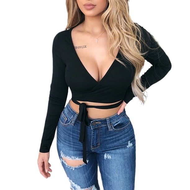 TRKIYQC, camiseta Sexy de manga larga sólida para mujer, Tops cortos sólidos, camisetas de moda para mujer, camisetas ajustadas con cordones frontales en V profundo TRKIYQC moderno
