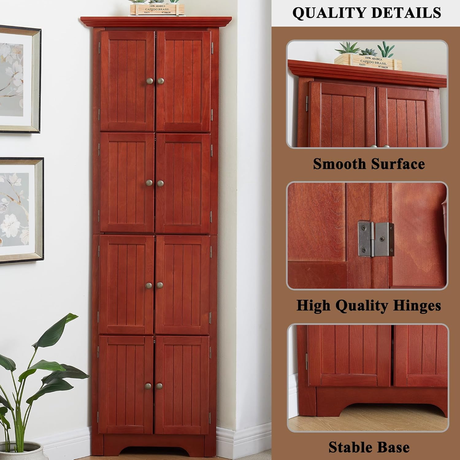 72" H Farmhouse Corner Storage Cabinet with 8 Doors & 4 Shelves, 4 Tier Kitchen Corner Pantry Cabinet Wooden Organizer Case Bookshelf, Home Space Saver Cabinet for Kitchen,Living Room(Cherry)