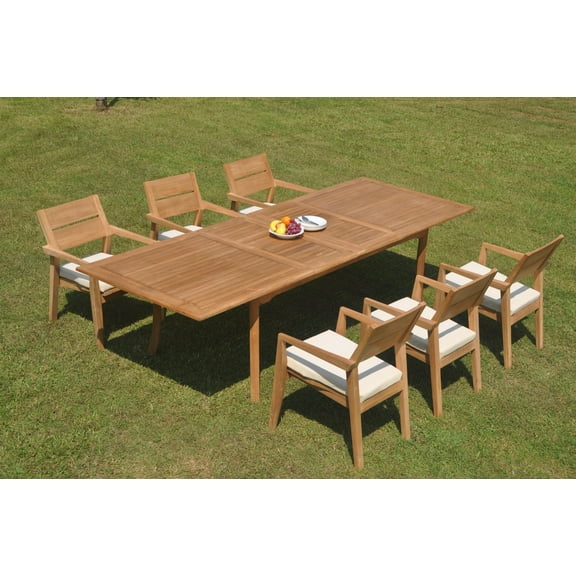 Grade-A Teak Dining Set: 6 Seater 7 Pc: 118" Double Extension Rectangle Table And 6 Vellore Stacking Arm Chairs Outdoor Patio WholesaleTeak #WMDSWVm