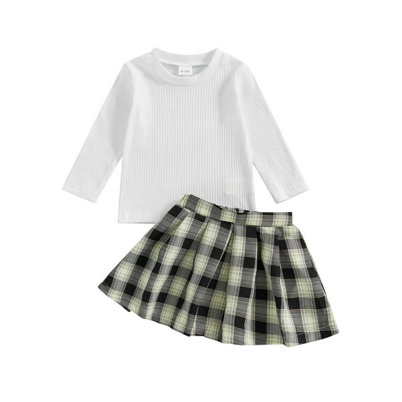 Michellecmm Toddler Girl 2 Piece Outfit Long Sleeve Shirt and Plaid Pleated Skirt