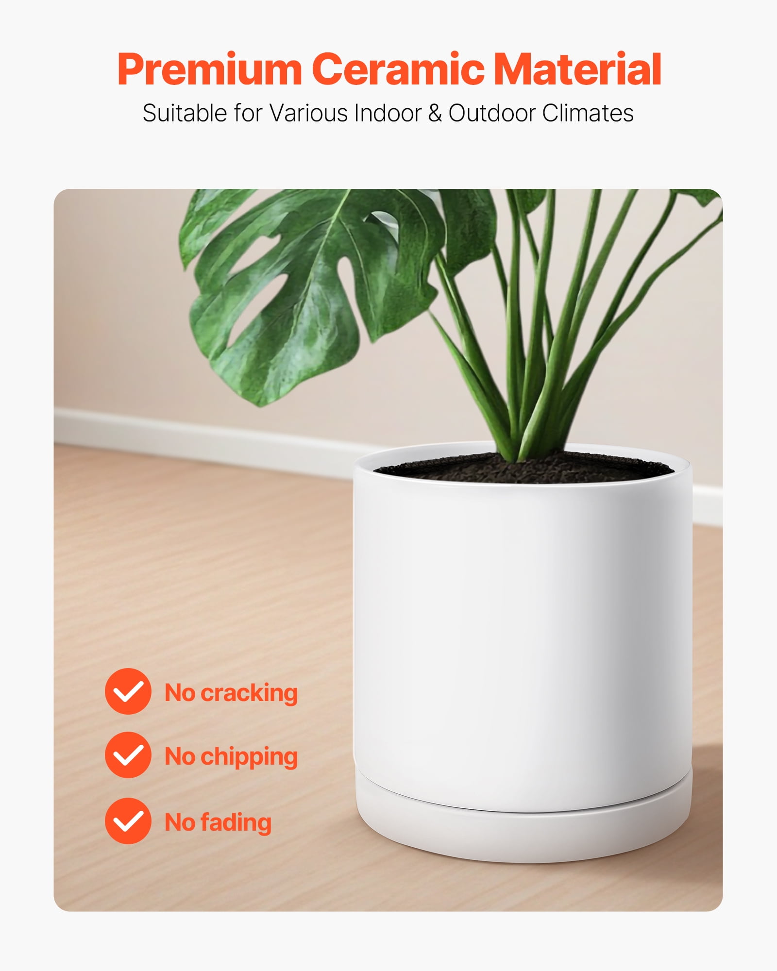 VEVOR Plant Pot, 12-Inch Large Cylinder Planter with Drainage Holes, Non-Slip Pads & Detachable Saucer, Modern Ceramic Flower Pots, Indoor and Outdoor Tree Planter Pot, Home & Office Decorations