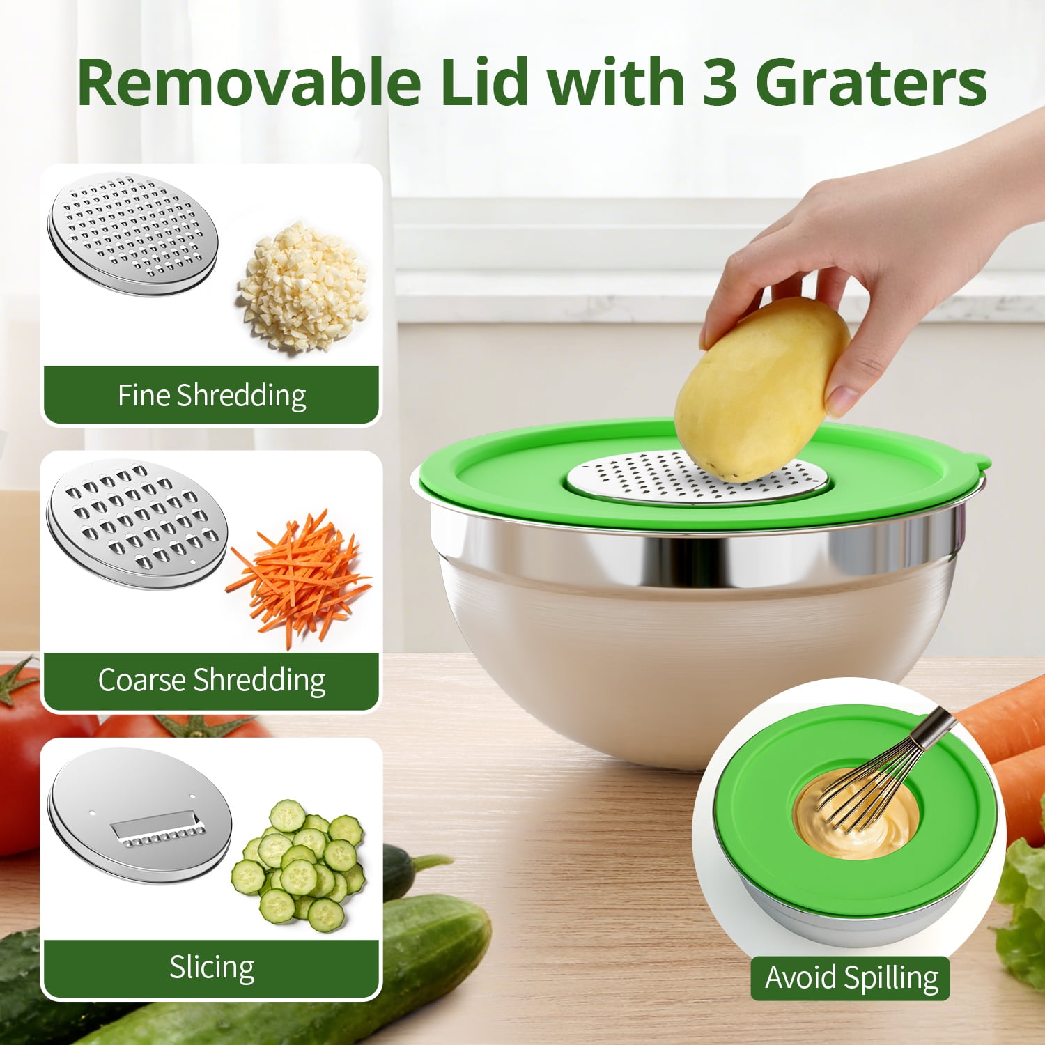 TINANA Stainless Steel Mixing Bowls with Lids, 6PCS Nesting Bowl Set 4.5/4/2.5/2/1.5/0.75QT, Airtight Lids, Built-In Grater, Dishwasher Safe
