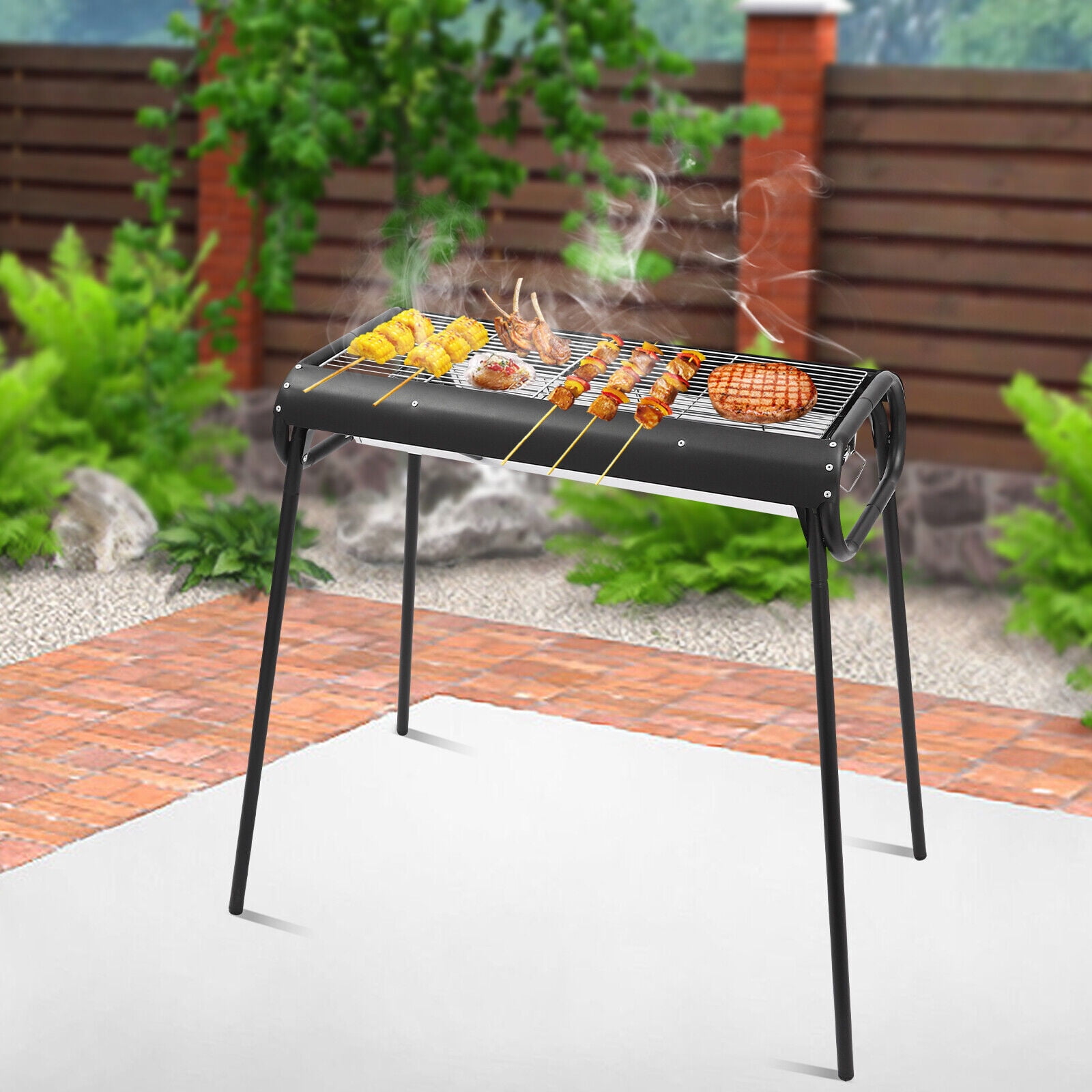 Black/Silver Rectangular Portable Charcoal Grill, Stainless Steel. Detachable, 3-8 People, Large Grilling Area. Ventilated Design, Easy Clean.
