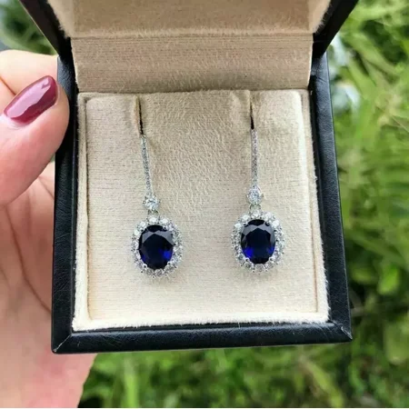 2 Ct Oval Cubic Zirconia Sapphire Halo Drop Dangle Earrings in 14K White Gold Over Sterling Silver – Elegant Women s Jewelry