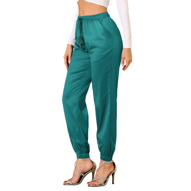 INSPIRE CHIC Pantalones deportivos de cintura elástica con cordón para mujer, pantalones de chándal de satén hasta el tobillo con bolsillo Azul eléctrico XS