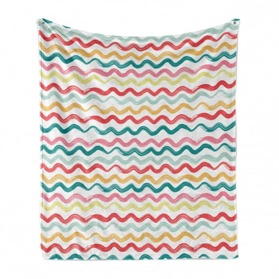 Striped Soft Flannel Fleece Throw Blanket, Pop Art Parallel Wavy Rough Lines Flush Brush Strokes Shaggy Groovy Boho Design, Cozy Plush for Indoor and Outdoor Use, 50" x 60", Multicolor, by Ambesonne