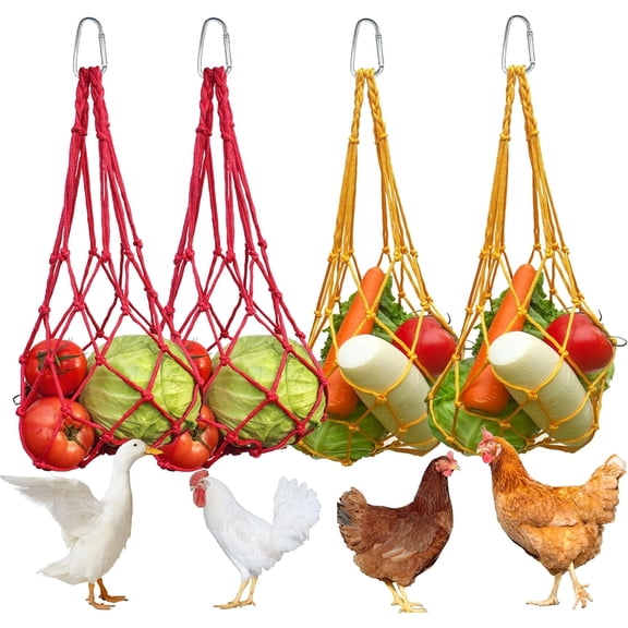 Chicken Vegetable Hanging Feeder 4 PCS, Reusable String Bag with Hook for Chicken Toys, Poultry Fruit Holder for Hens and Ducks, No Mess Lettuce Cabbage Feeder for Enrichment, Coop Accessories