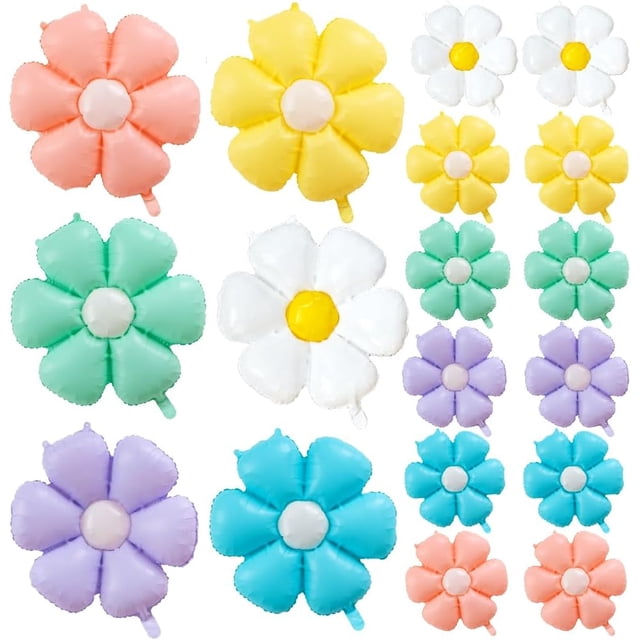 Yanonmyfd 18 globos de margaritas, globos de flores coloridas, decoraciones de fiesta de cumpleaños para bodas, cumpleaños, baby shower Party (rosa, amarillo, blanco, verde, morado azul),6 colores