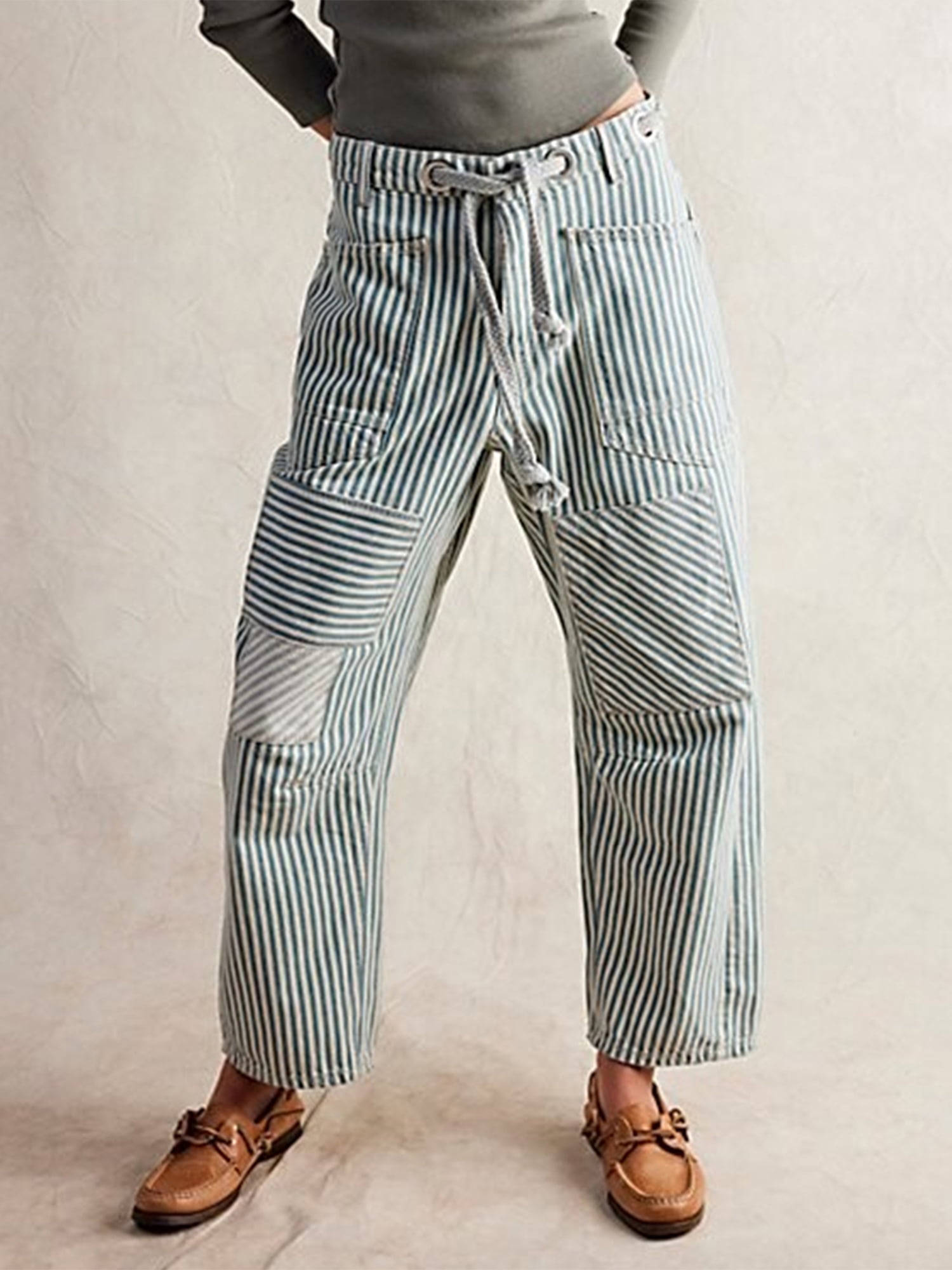 Women Striped Pants, Drawstring Patchwork Wide Leg Pants with Pockets - image 3