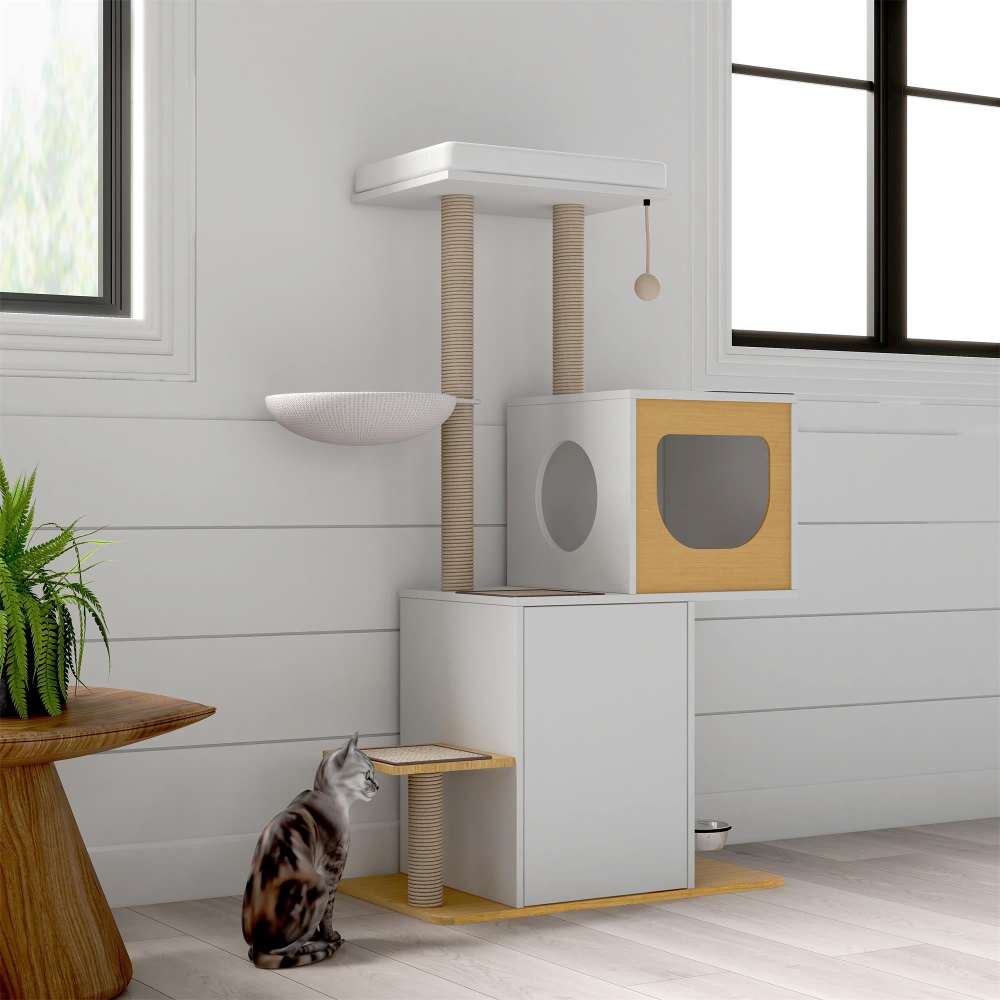 Pefilos 50" Cat Condo for Multiple Cats with Scratching Pads and Large Storage Space, Wood Cat Tree Tower Kitten Activity Centre Furniture, White Pefilos 50" Cat Condo for Multiple Cats with Scratching Pads and Large Storage Space, Wood Cat Tree Tower Kitten Activity Centre Furniture, White