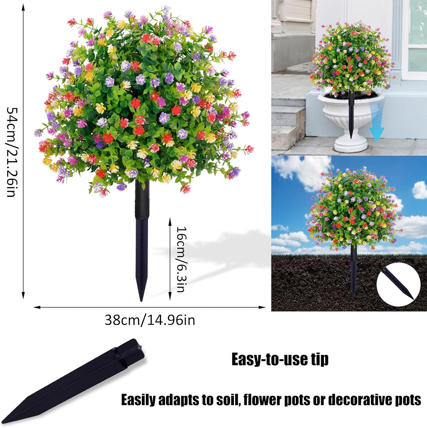 Artificial Boxwood Topiary Balls Trees with Flowers for Outdoor Fake Plants with Ground Spike 21 Inch UV Resistant Faux Greenery Shrubs Faux Plants for Front Door Garden Yard Porch Patio Decor