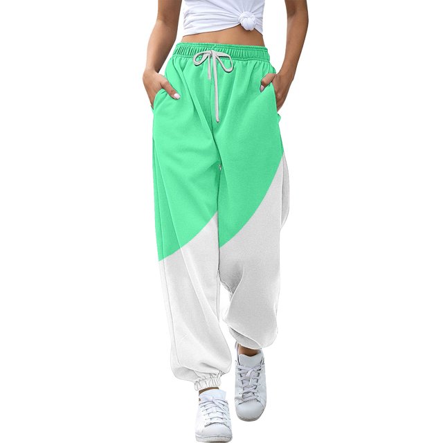 Women's Color Block Sports Pants, Elastic Drawstring Waist Casual Trousers, Side Pocket Jogger Pants, Soft Comfortable Athletic Wear, Colorful Pattern Lounge Pants Mint Green S