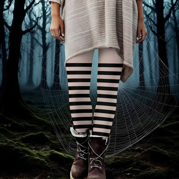 Aobny Gothic Compression Leggings for Women Striped Beige Leggings Ankle Skinny High Waisted Women Pants,S