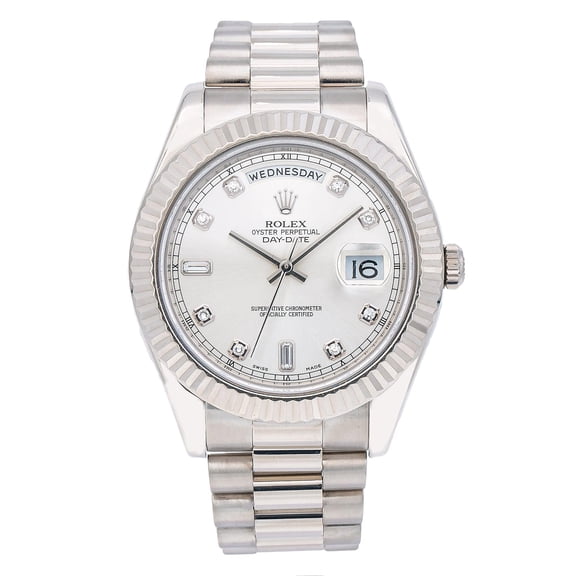 Pre-Owned Rolex Day-Date II 41MM 218239 Silver Diamond Dial Fluted Bezel 18K White Gold President Bracelet