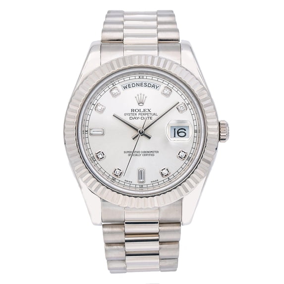 Pre-Owned Rolex Day-Date II 41MM 218239 Silver Diamond Dial Fluted Bezel 18K White Gold President Bracelet