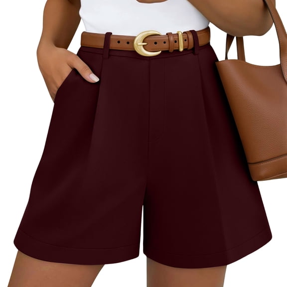 Women's Pleated Dress Shorts, High Waisted Wide Leg Tailored Shorts, Business Casual With Pockets For Summer Office Wear Wine XL