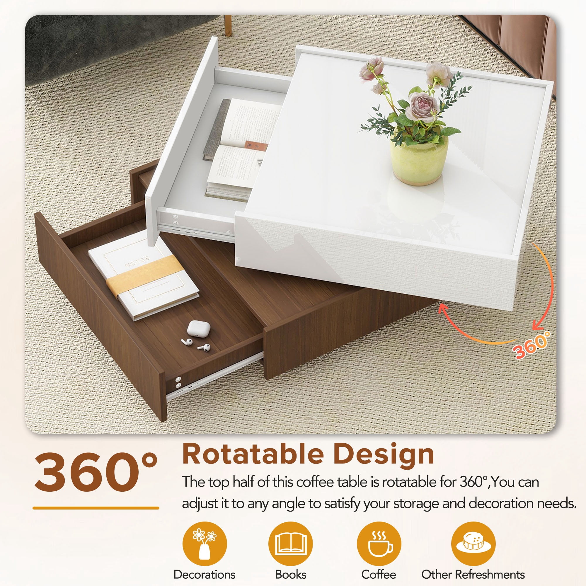 PORKISS 360 Rotating Coffee Table, Square Coffee Table with 2 Drawers, Modern Storage Coffee Table with Swivel Tabletop and Storage, High Gloss Walnut Table Frame Side Table for Living Room, White