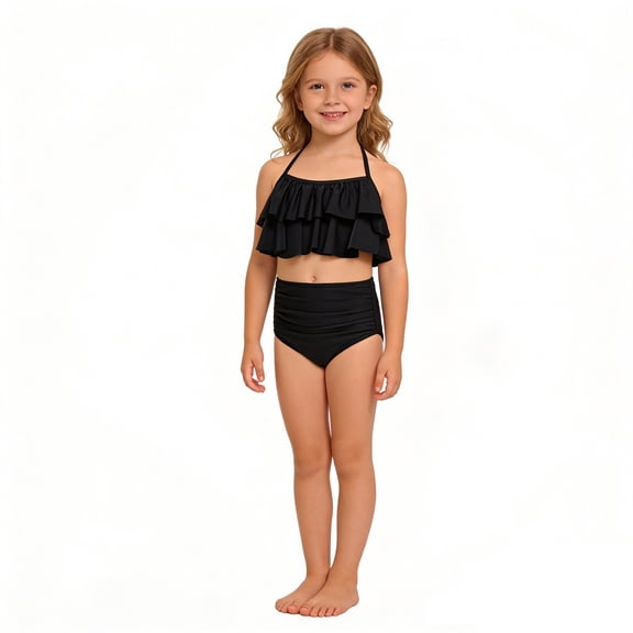 Glisme Girls Swimsuits High Elasticity Swimwear Nylon Two Piece Bathing Suit For Kids Youth Summer Beach Swimming Outfit Size 2-3 Years Black