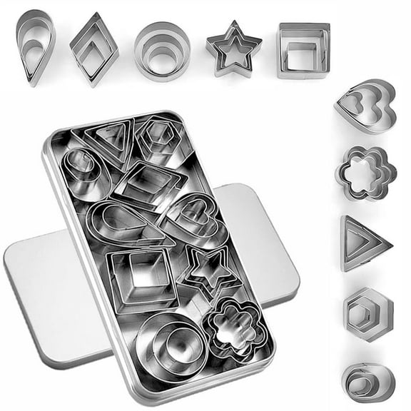 30Pcs Tiny Stainless Steel Cookie Cutters, Mini Geometric Set for Biscuit Mold, Baking DIY Tools, Polymer Clay Fruit Veggie Shapes, Silver