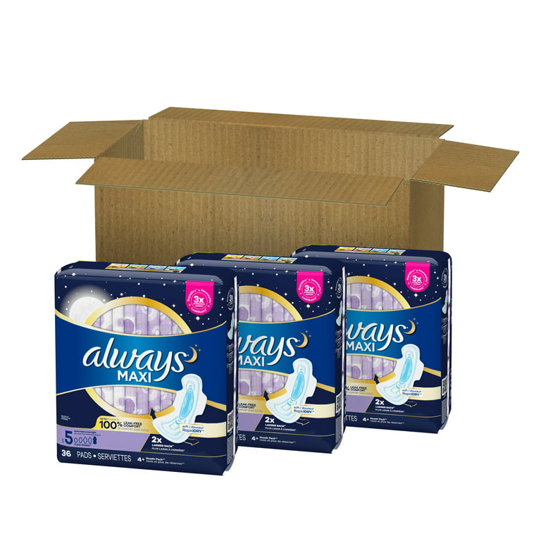 Always Maxi Overnight Pads with Wings, Size 5, Extra Heavy Overnight,  Unscented, 108 Ct 