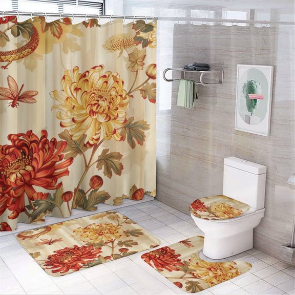 Dragonfly And Chrysanthemum 4 Piece Shower Curtain Sets with Non-Slip Rugs Toilet Lid Cover And Bath Mat Bathroom Decor Set Wild Flower with Color Dragonfly Waterproof Shower Curtain