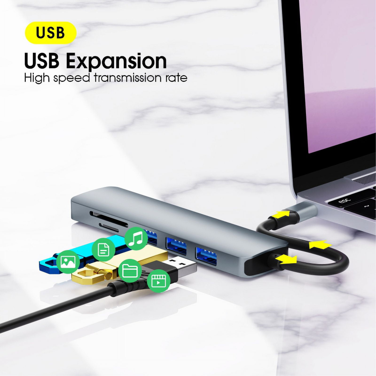 DOONJIEY  USB C Hub 6 in 1 USB Hub 3.0 Multi Port Adapter Card Reader 4K HDTV USB Hub Station for Laptop
