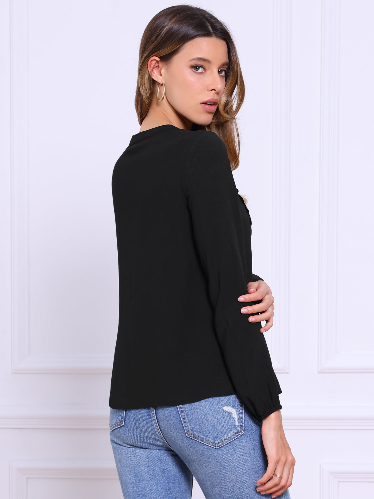 DARING DIVA Women's Tie Front Casual V Neck Blouses S Black