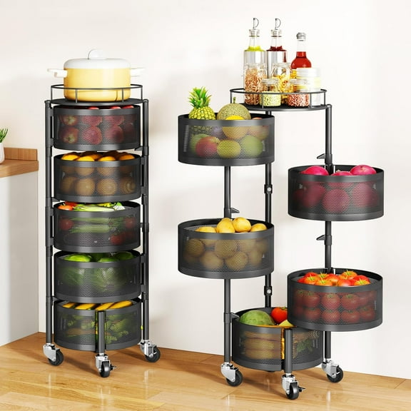 5 Tier Rotating Fruit and Vegetable Basket with 360 °   Swivel Wheels and Top Lid, Black