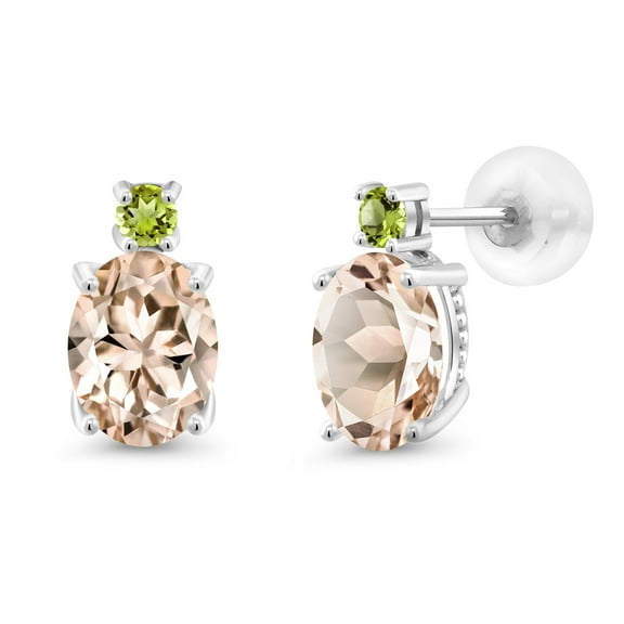 Gem Stone King 14k White Gold Peach Morganite and Green Peridot Earrings for Women (2.14Cttw, GemstoneOctober Birthstone, Oval 8X6MM, Round 2.5MM)